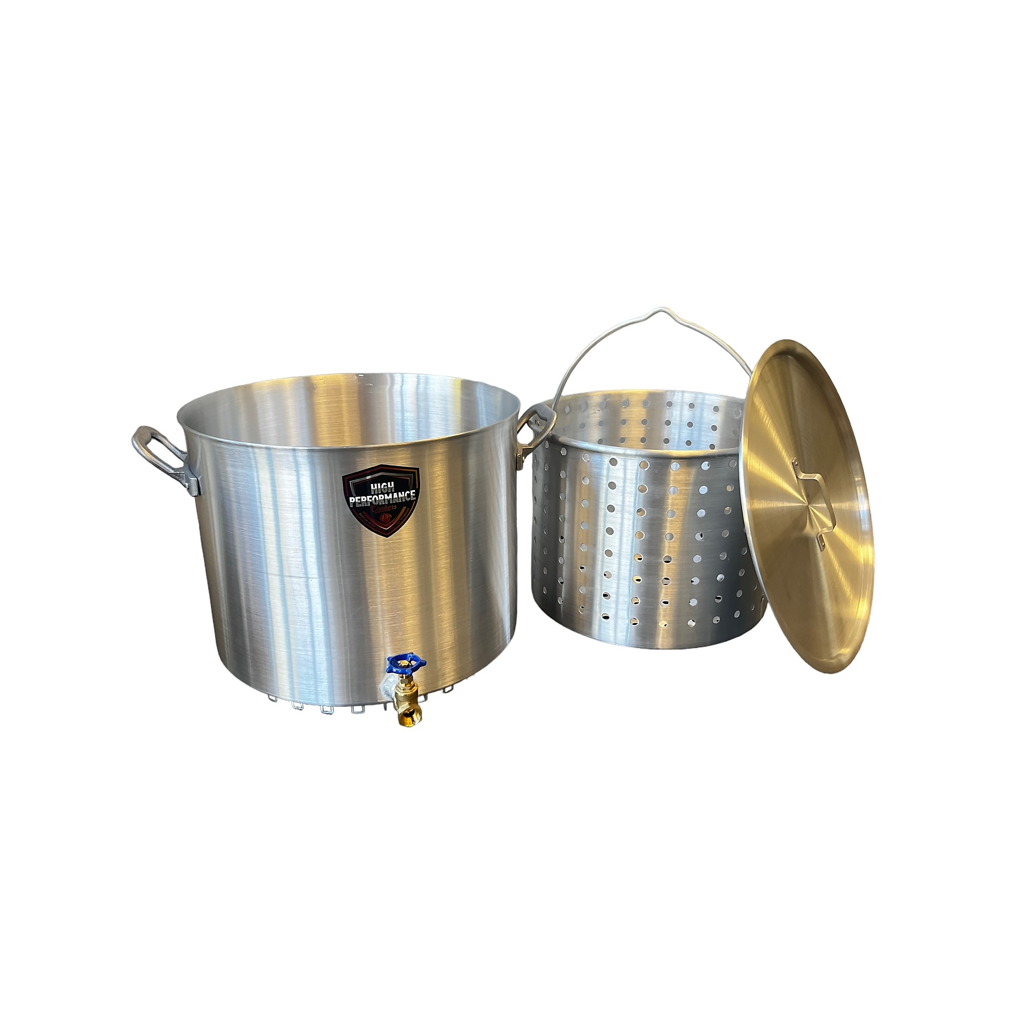 High Performance Cookers, 80 QT Seafood/Stock Pot with Basket and Lid, Pieces (qty.) 1 Material Aluminum, Model# SFP80-VLV075